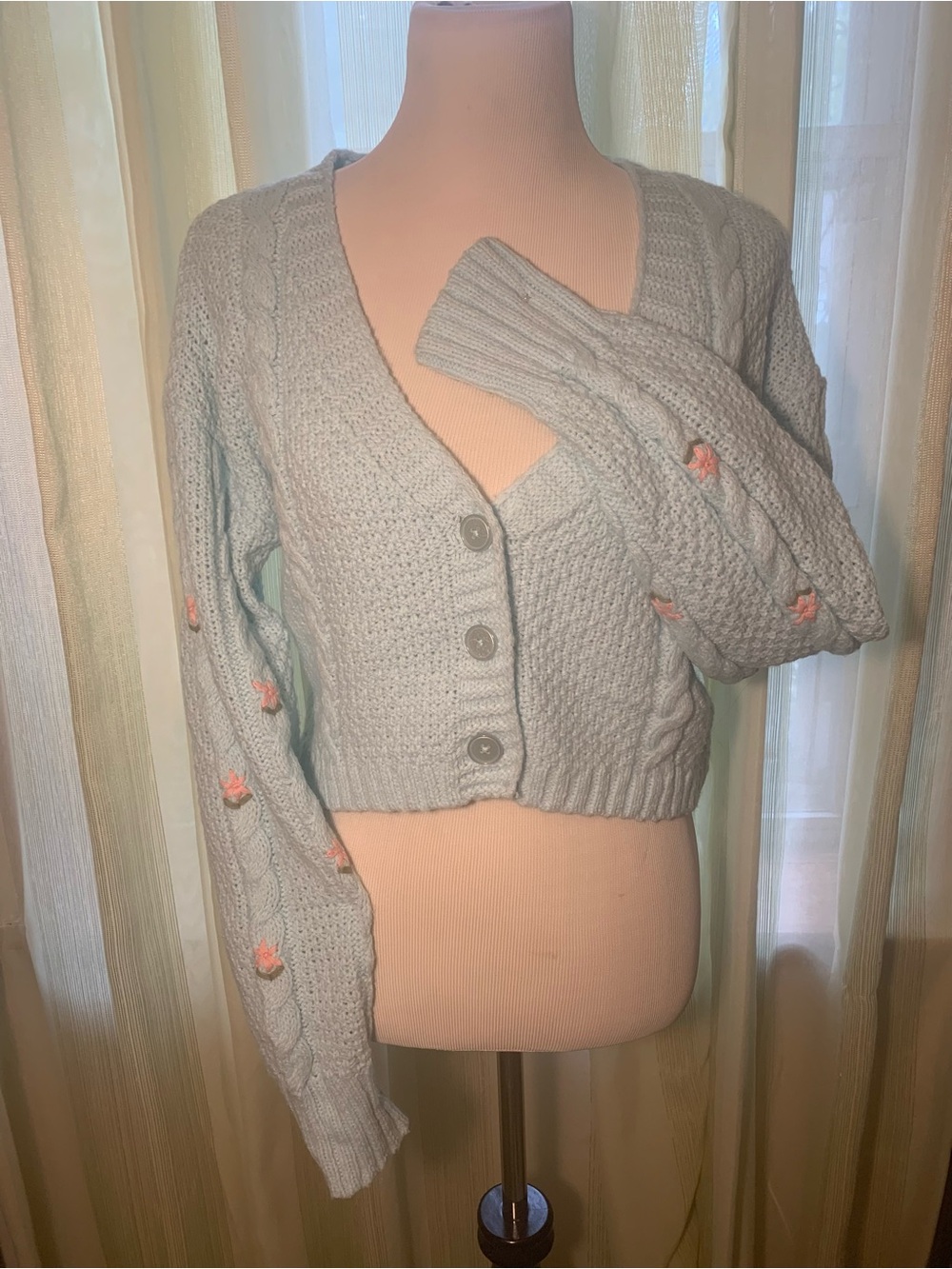 wild fable Light Blue Cropped Knit Cardigan with Pink Floral Embroidery